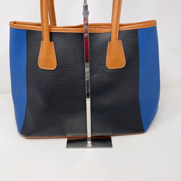 Neiman Marcus Blue Black Tan Faux Leather Colorblock Stripe Tote Bag Purse - Picture 9 of 13
